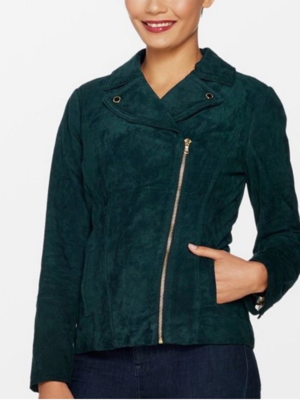 Isaac Mizrah Asymmetric Zip Jacket - Forest Green Suede